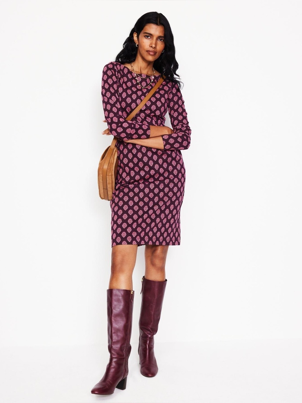 Boden Florrie Fern Dress Black‎ Pink Print Cotton Jersey Pockets 14L